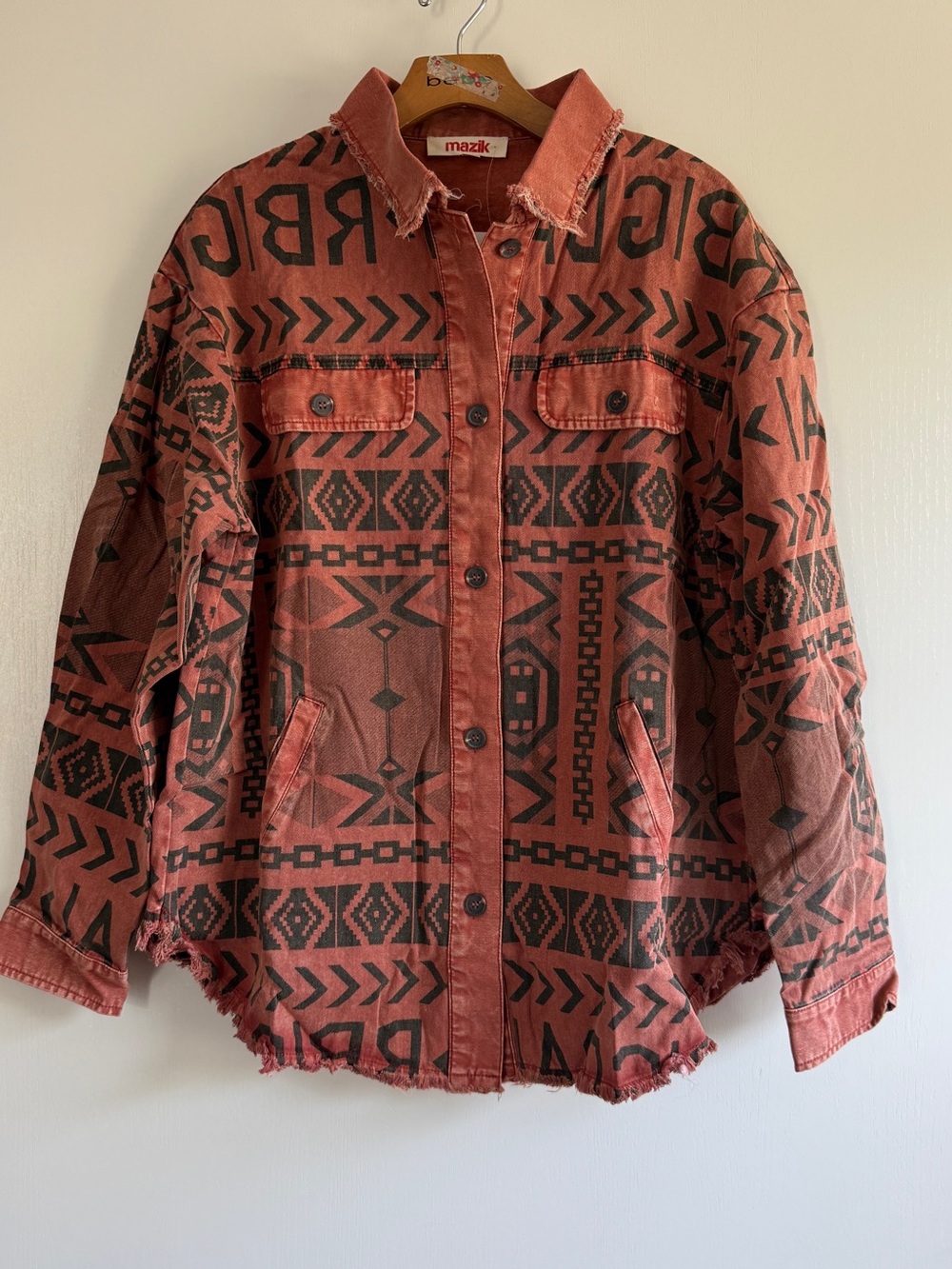 Mazik Rust Western Aztec-Print Distressed Button Shirt Jacket Boho Shacket